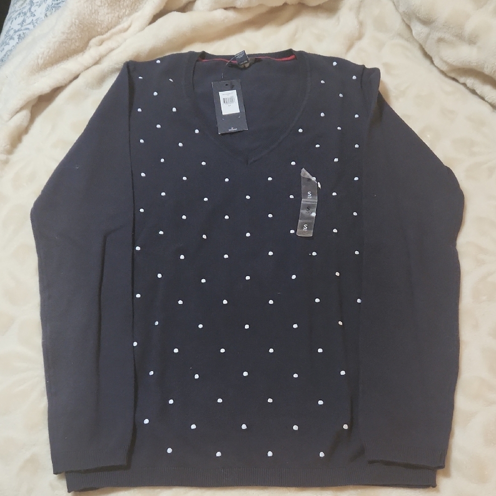 Tommy Hilfiger Black V-Neck Sweater with White Dots